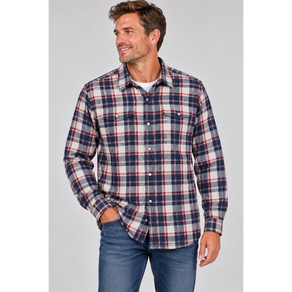 Under Armour Mens XL Plaid Pearl Snap Long Sleeve Shirt Navy Red All Season Gear